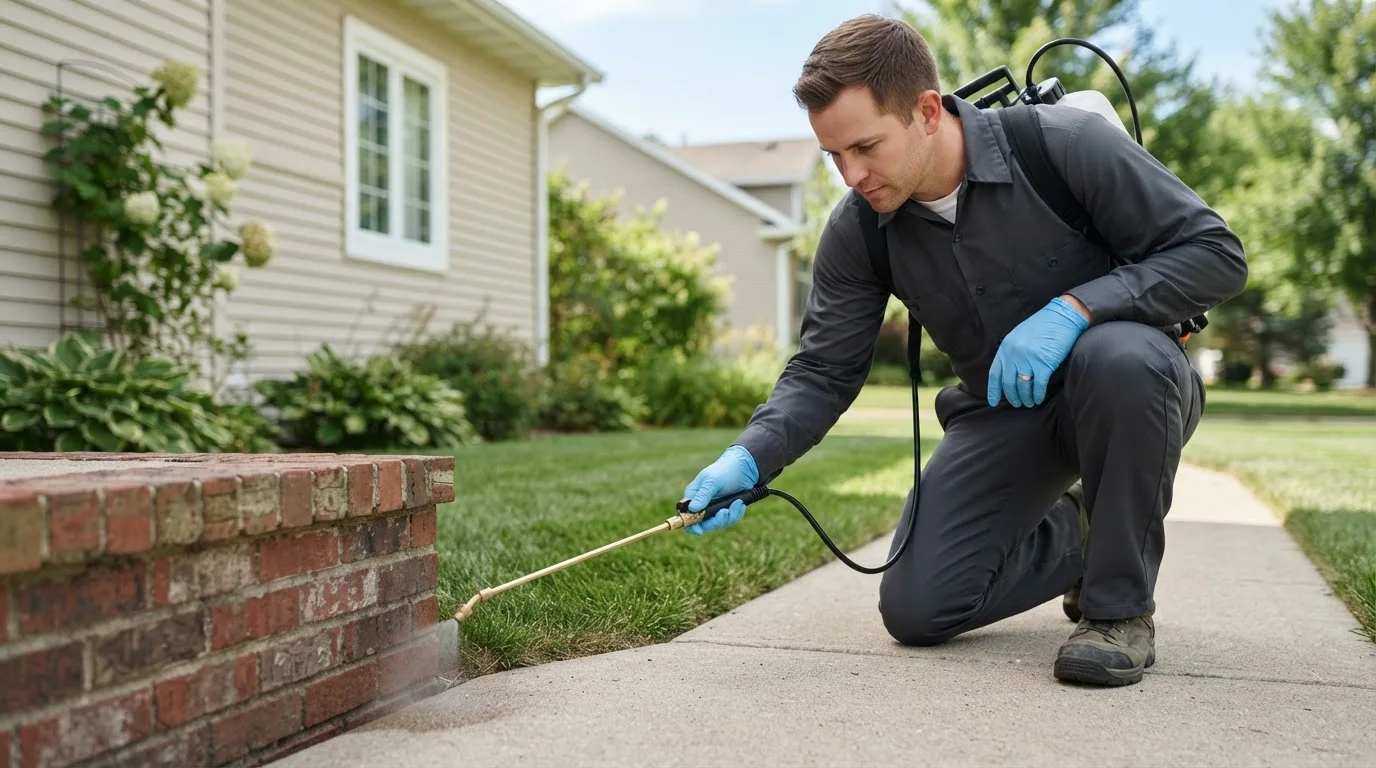 Pest control technician treating a home near Rackerby, CA