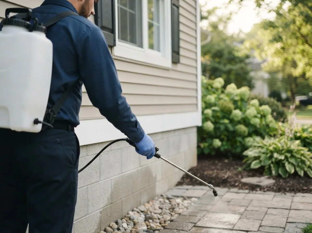 Pest control technician inspecting a home in Rackerby, CA